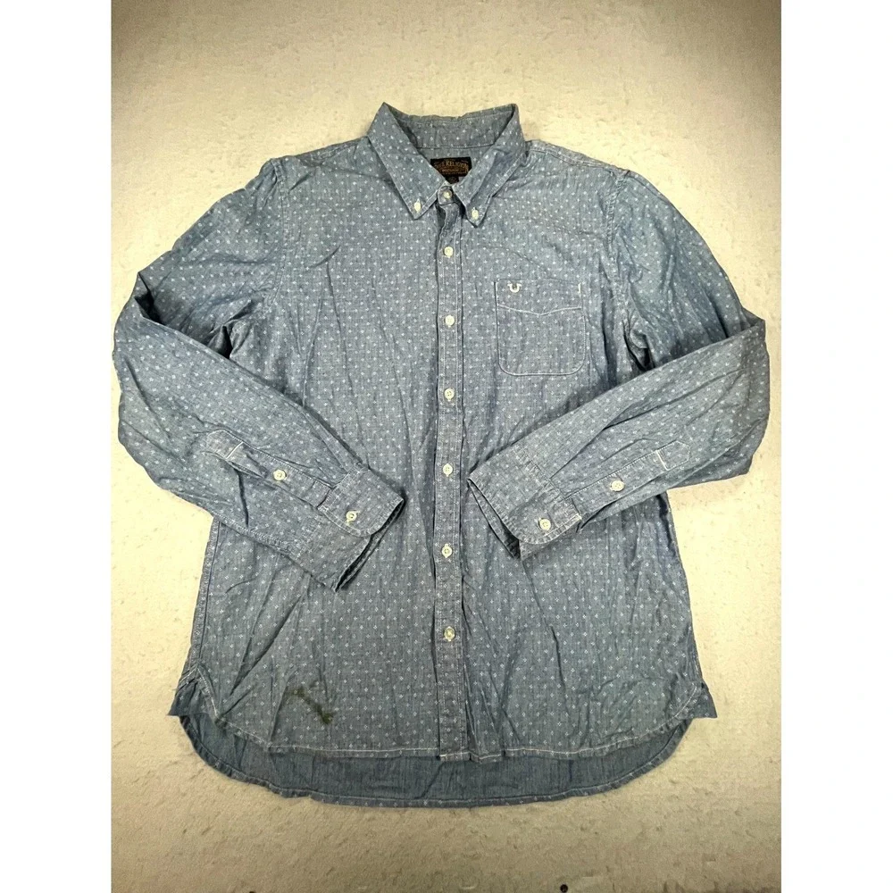 True Religion Shirt Mens XL Blue Chambray Cotton Geometric Back Box Button Down